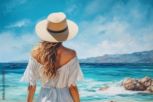 A beautiful young woman with long hair, wearing a straw hat and a white dress on the background of the sea, a view from the back. 