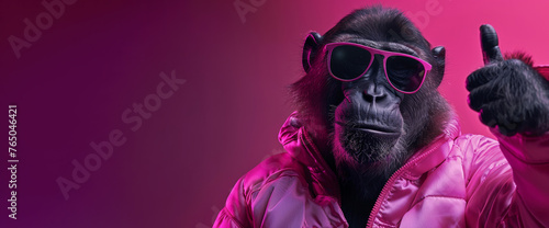 A monkey wearing sunglasses and a pink jacket is giving a thumbs up. a fun and playful mood, monkey's outfit and pose is humorous. Pink Pop Monkey with Sunglasses and shiny jacket making thumb up