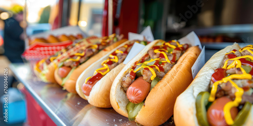 Vintage Food Truck Serving Hot Dogs. Hot Dogs Showcase, display of hotdogs at mobile stall. Street Fast food. photo