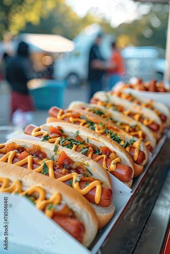 Vintage Food Truck Serving Hot Dogs. Hot Dogs Showcase, display of hotdogs at mobile stall. Street Fast food.