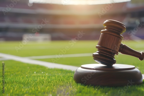 Legal gavel on sports stadium background with copy space Sports law taxes transfers soccer football baseball track field. Concept Sports Law, Legal Gavel, Sports Stadium, Copy Space, Taxes photo