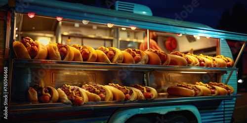 Vintage Food Truck Serving Hot Dogs. Hot Dogs Showcase, display of hotdogs at mobile stall. Street Fast food.