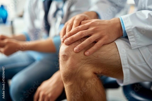 Physical therapist doing healing treatment on mans knee in rehabilitation clinic. Professional physiotherapist or osteopath working in office. Physiotherapy and osteopathic medicine, Generative AI photo