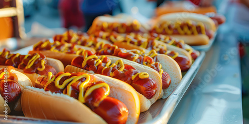 Vintage Food Truck Serving Hot Dogs. Hot Dogs Showcase, display of hotdogs at mobile stall. Street Fast food. photo