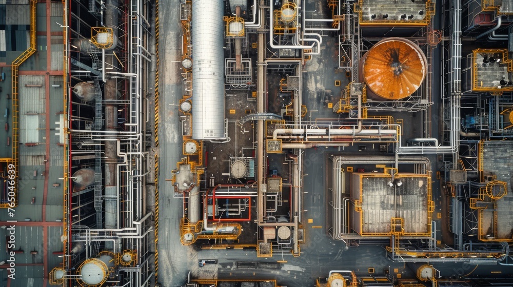 Overhead View of Pipes and Valves in a Factory