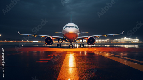 A airplane nose cone with runway lights illuminating the path for takeoff.