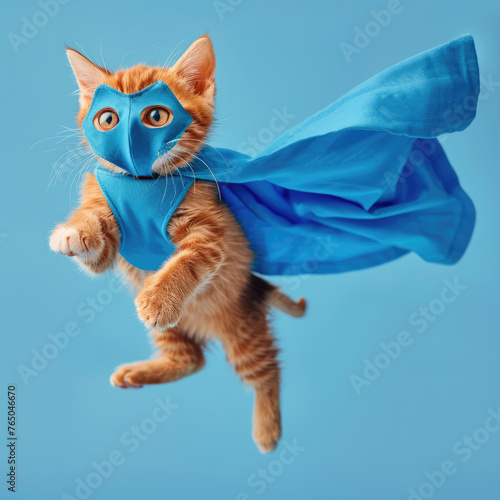 superhero cat, Cute orange tabby kitty with a blue cloak and mask jumping and flying on light blue background with copy space. The concept of a superhero, super cat, leader, funny animal studio shot © Lens_Lore