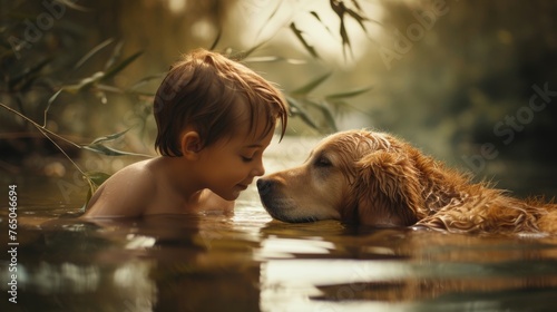 Cute little boy playing with golden retriever in the water at sunset