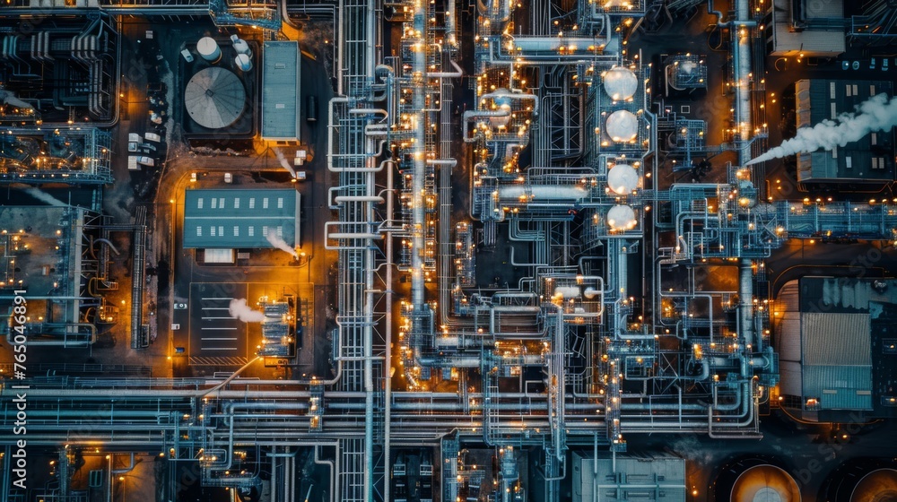 Aerial View of Factory With Numerous Pipes