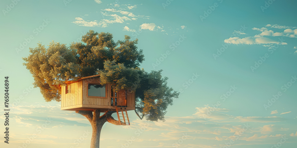 Fototapeta premium Wooden Treehouse Amidst Verdant Foliage. A cozy wooden tree house nestled in a lush green forest tree, copy space.