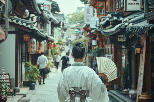 A woman wearing a white kimono walks down a narrow street in a foreign country