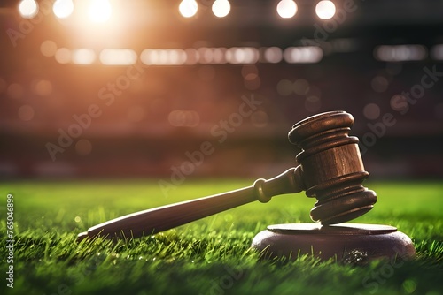 Legal Gavel on Sports Stadium Background with Copy Space: Exploring Sports Law, Taxes, Transfers, Soccer, Football, Baseball, Track, and Field. Concept Sports Law, Taxes, Transfers, Soccer, Football