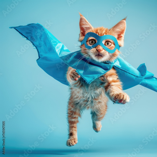 superhero cat, Cute orange tabby kitty with a blue cloak and mask jumping and flying on light blue background with copy space. The concept of a superhero, super cat, leader, funny animal studio shot © Lens_Lore