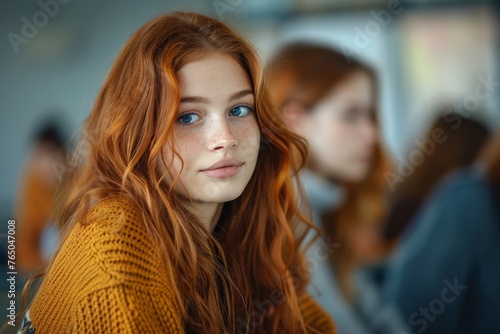 Teenage girl looks with confidence at woman psychologist sitting next to her in school class. Psychotherapist on theraphy session. Teens education, psychological help and support, Generative AI