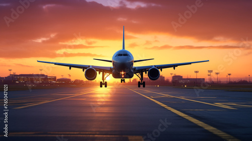 A airplane taking off from a busy international airport runway at sunrise.