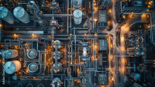 Aerial View of an Oil Refinery at Night