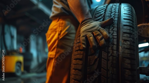 man with gloves removing a car tire