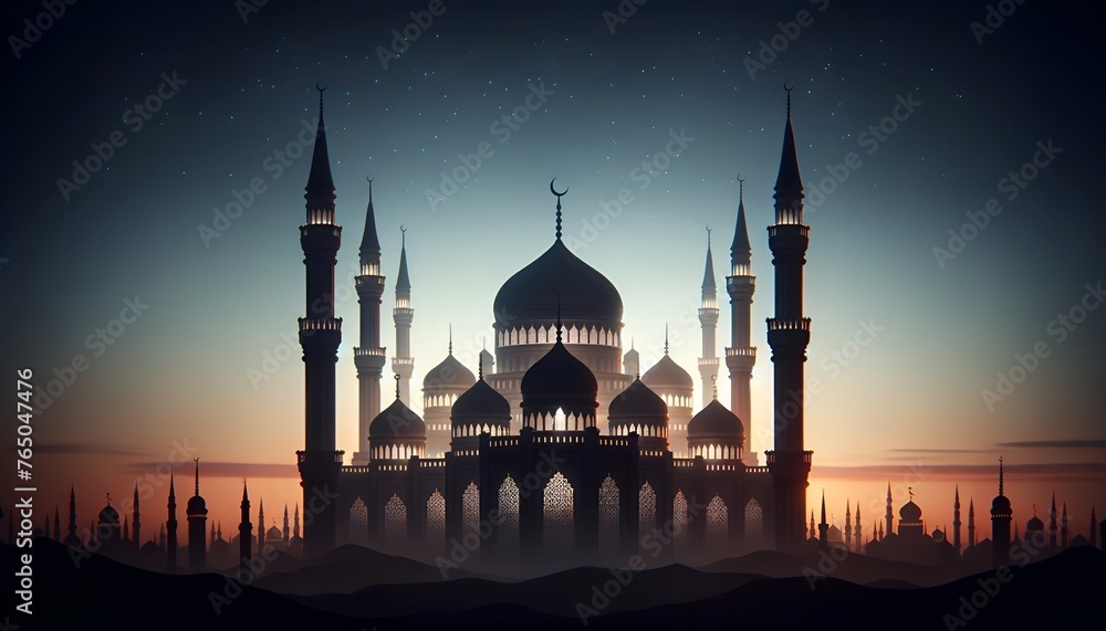 Illustration for eid al fitr with a silhouette of a mosque with minarets against dusk.