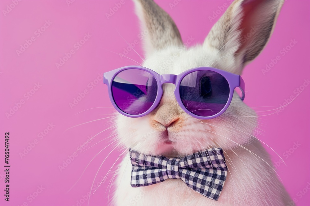Bunny with violet sunglasses and checkered bow tie on pink.