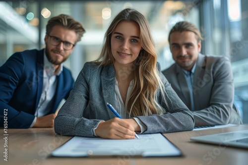 Portrait of young confident business woman sitting on workplace and signing a contract at office. Group of three coworkers and company employees make a good deal reaching, Generative AI