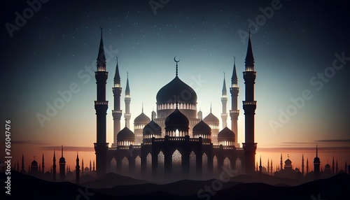 Illustration for eid al fitr with a silhouette of a mosque with minarets against dusk. photo