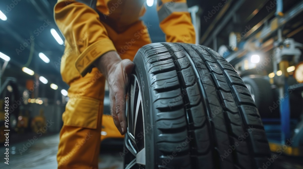Fototapeta premium man with gloves removing a car tire from a workshop in high resolution and high quality. mechanical concept, repair