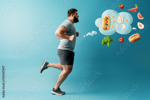 A man running with a thought bubble of food in the background