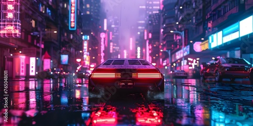 Retro 80s car drives through futuristic cyberpunk city in a synthwave style with AI elements. Concept Retro 80s, Car, Cyberpunk City, Synthwave Style, AI Elements