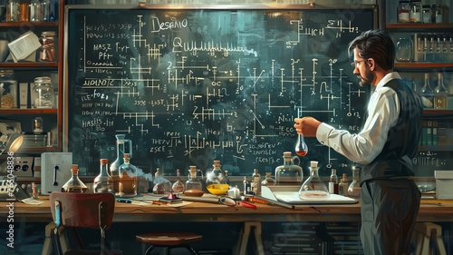 illustration of a genius scientist doing a complicated mathematical equation at a chalkboard,generative ai