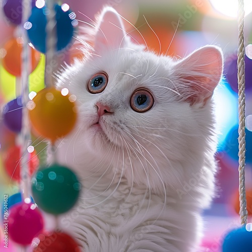 A white, clear-eyed cat playing with colourful toys, captured in HD, showcasing the leisurely and adorable aspect of pet care photo