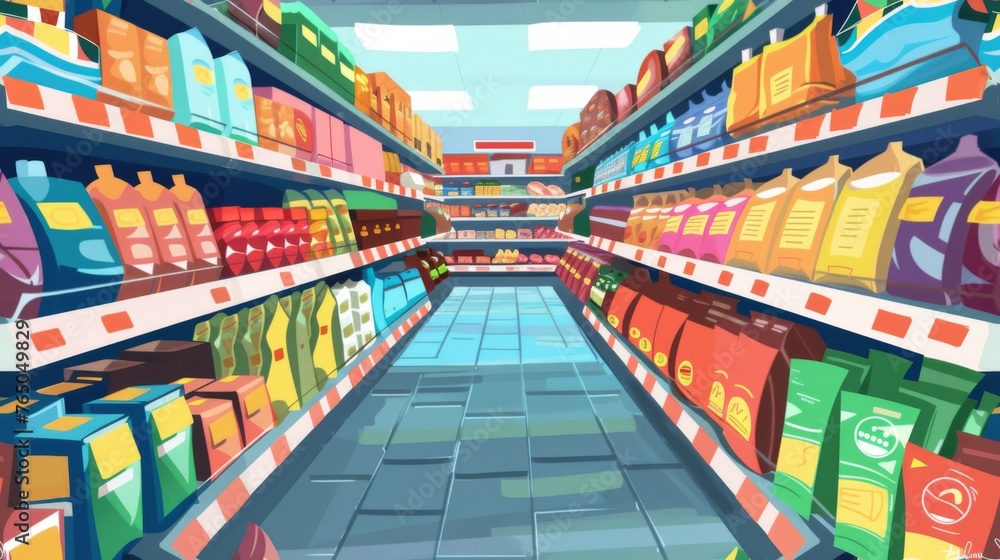 Busy Grocery Store Aisle Filled With Various Foods