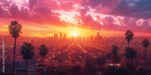 Creating an Urban Paradise: D Rendering of Los Angeles Skyline at Sunrise with Palm Trees. Concept Urban Paradise, 3D Rendering, Los Angeles Skyline, Sunrise, Palm Trees