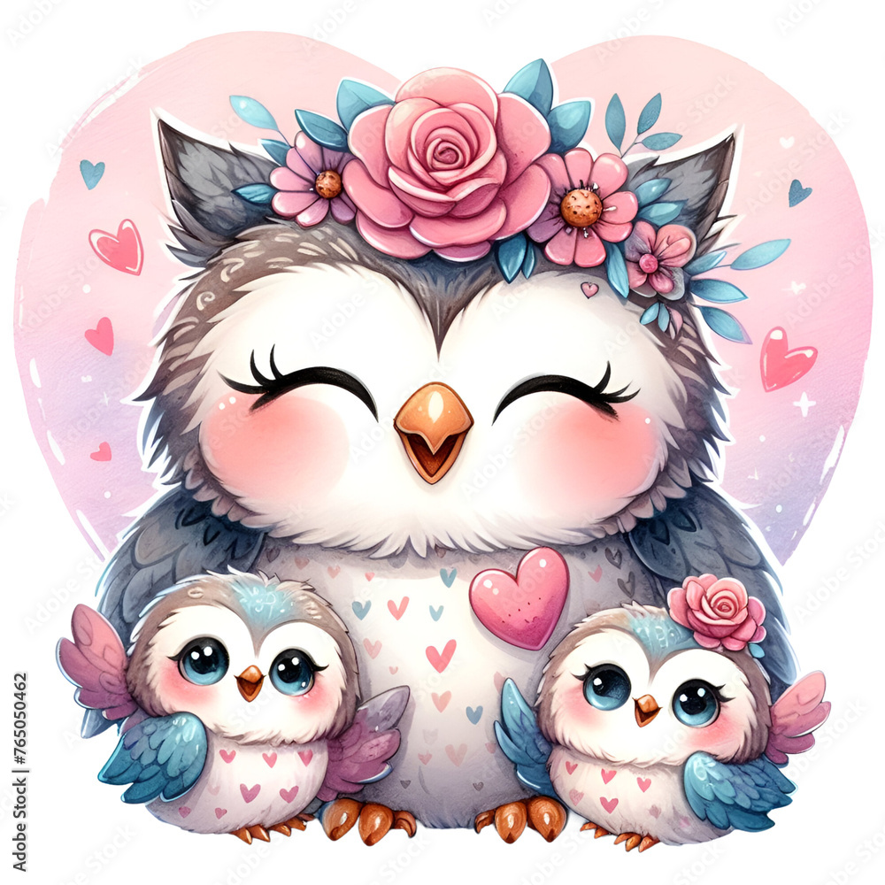 Obraz premium Watercolor Mother and Baby Owl Clipart, Mother's Day Clipart Mom and Baby PNG, Cute Woodland Owl Graphics For sublimation scrapbook
