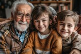 Happy grandparents together with children. Kids at grandparents' house. Grandmother and grandfather become legal guardians and custodians for grandchildren. Family love, care, Generative AI