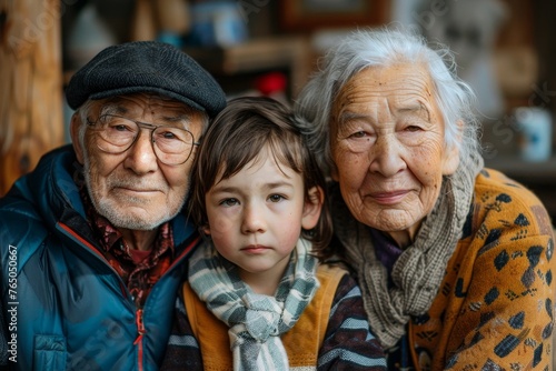 Happy grandparents together with children. Kids at grandparents' house. Grandmother and grandfather become legal guardians and custodians for grandchildren. Family love, care, Generative AI photo