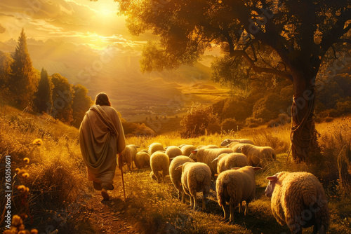Jesus Christ walking through a meadow at sunset, a lamb following closely behind him © mila103