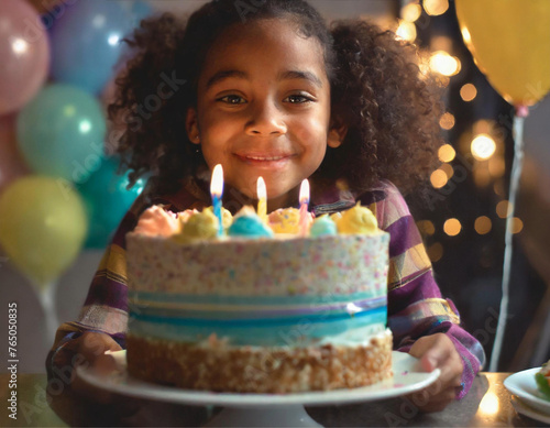Uma criança feliz segurando um prato com um bolo de aniversário com velinhas acesas e balões coloridos ao fundo. Festa de aniversário.