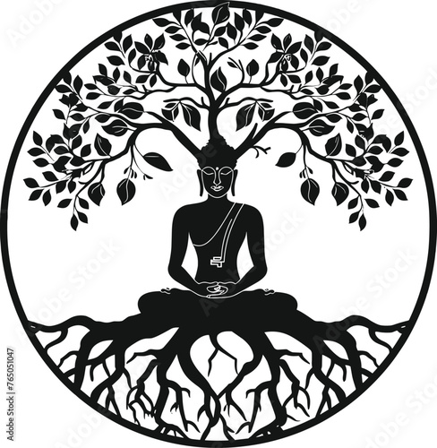 Buddha sitting under the tree of life, vector illustration.