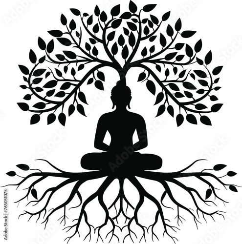 Buddha sitting under the tree of life, vector illustration.