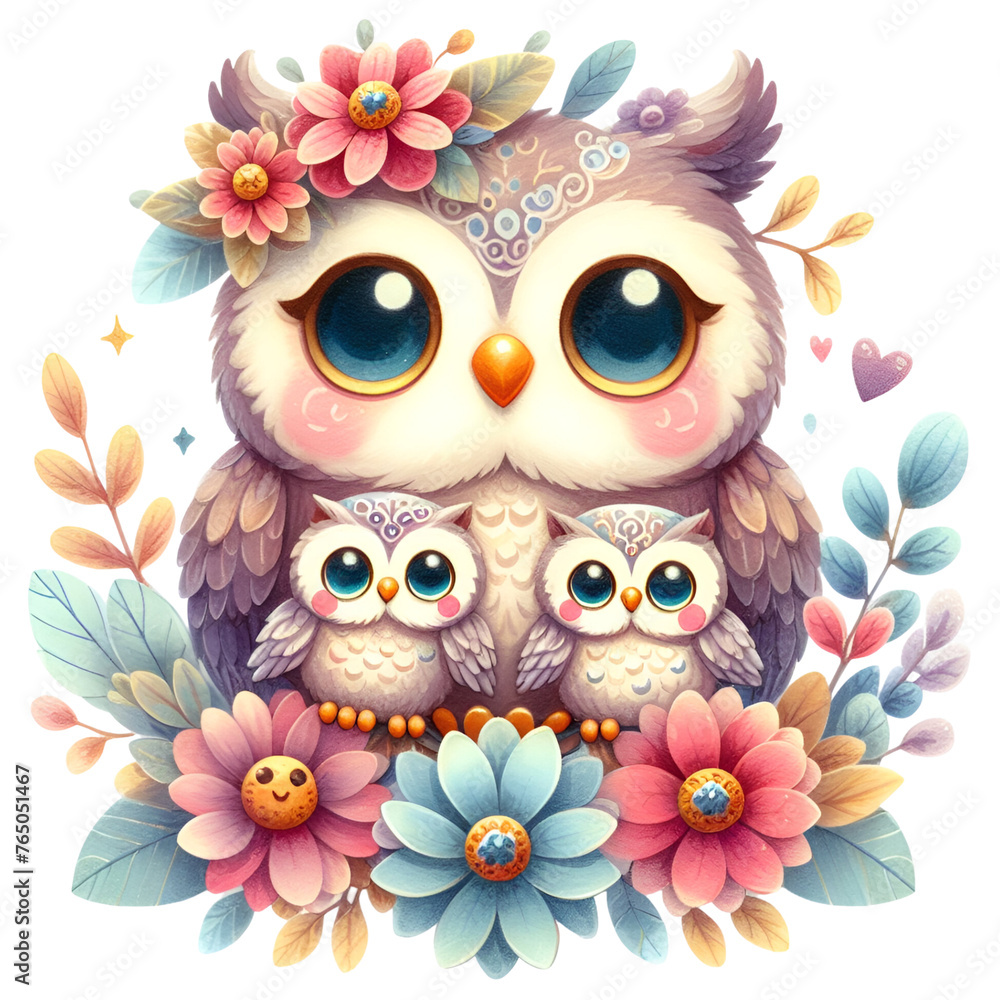 Obraz premium Watercolor Mother and Baby Owl, Clipart Mother's Day Clipart Mom and Baby PNG, Cute Woodland Owl Graphics For sublimation scrapbook