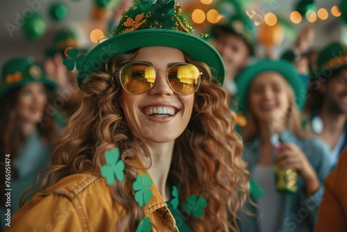 Group of friends celebrates Saint Patrick Day party at home living room with joyous dancing. Happiness and fun in Irish spirit, with shamrock themed clothing, holiday leisure activity, Generative AI