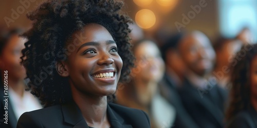 Happy diverse young senior female male businesspeople entrepreneur colleague audience at business forum event staff training listen to speech by successful coach making funny good humor, Generative AI