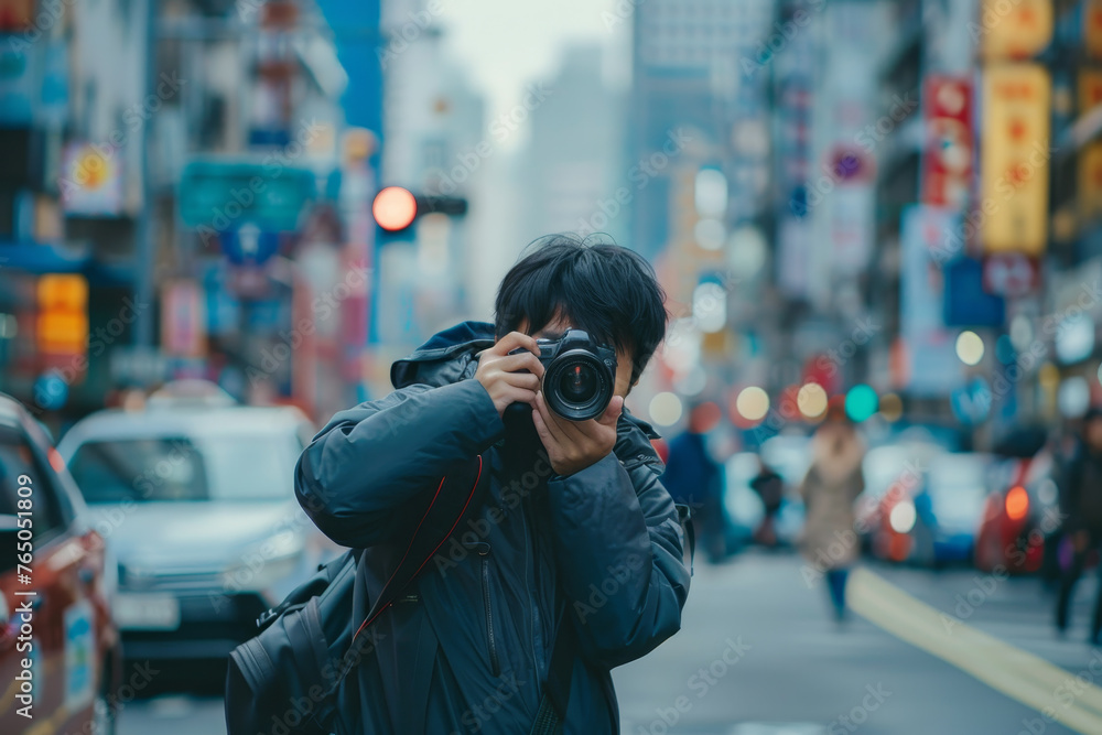 Asian man in a photographer's outfit taking pictures on a city street Asian man in a photographer's outfit taking pictures on a city street