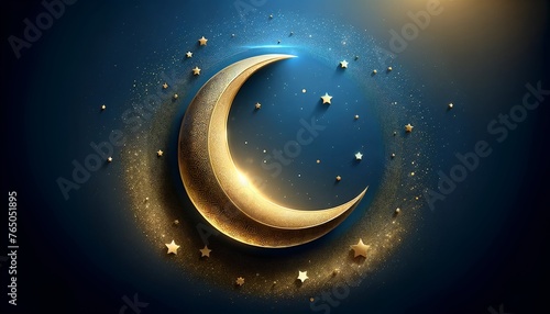 Illustration for eid al-fitr with golden crescent moon on dark blue background.