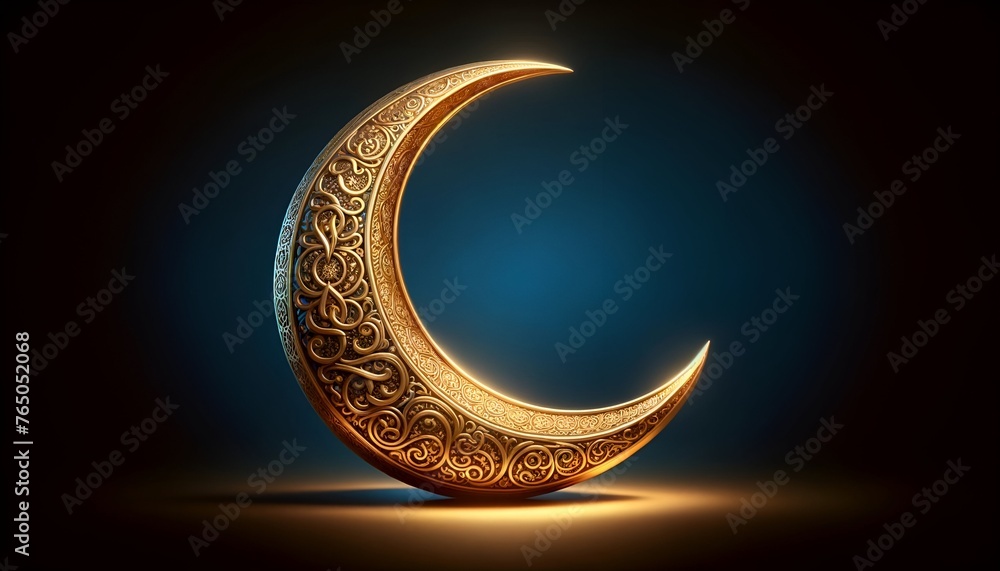 Ornate golden crescent moon on a deep blue background suitable for an eid al fitr. - obrazy, fototapety, plakaty 
