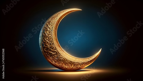 Ornate golden crescent moon on a deep blue background suitable for an eid al fitr. photo