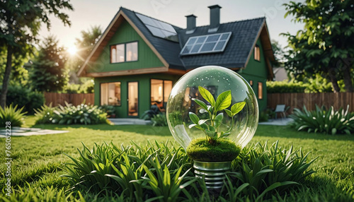 Ampoule sur fond de nature, énergie verte et économie d'énergie dans la maison - IA générative photo