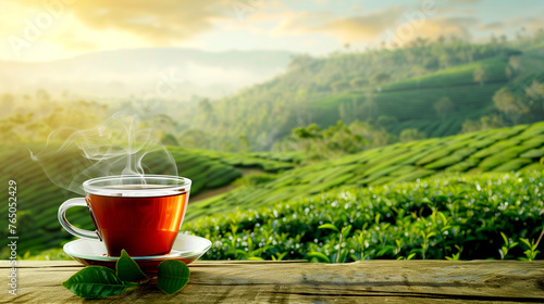 Cup of Tea Against the Background of a Tea Plantation