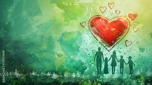 green backdrop with a hand made background Red heart and drawn people on green background 