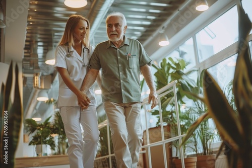 Young nurse helping elderly man walk in the room, holding his hand, supporting him. Treatment and rehabilitation after injury or stroke, life in assisted living facility, senior care, Generative AI photo